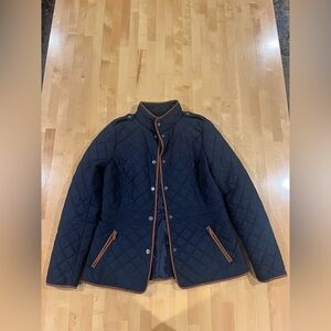 Talbots Diamond Quilted Chore Coat Navy with Brown Trim